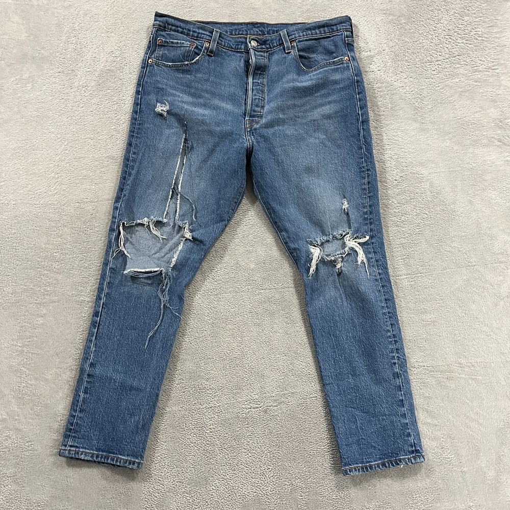 Levis 501 Button Fly Cropped Blue Jeans 34x28 Distressed Cowgirl‎ Western Y2K